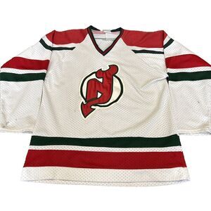Vintage 90s New Jersey Devils Maska Christmas Hockey Jersey White Green CCM M
